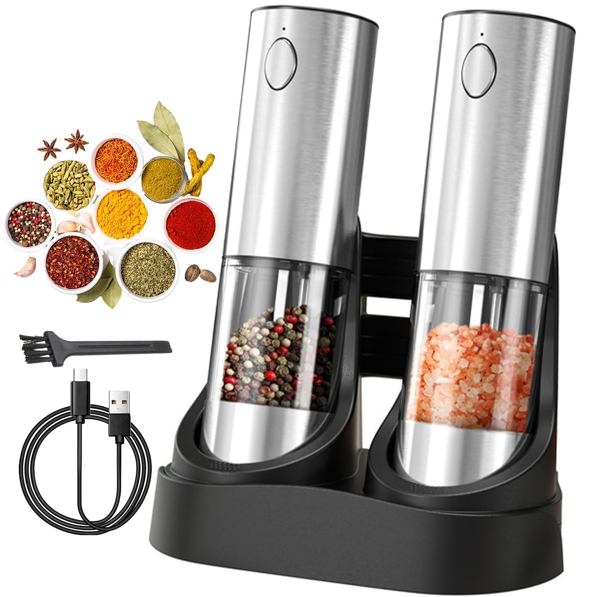 Electric Salt and Pepper Grinder Set, Rechargeable Automatic Stainless Steel Pepper Mills with LED Light, Upgraded Charging Base, Adjustable Coarseness, One-Hand Operation, House Warming Cooking Gifts