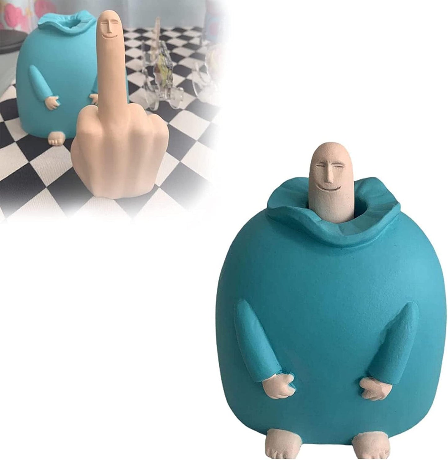 Junwait Funny Smiling Middle Finger Statue Ornaments, Novelty Resin Finger Man Sculpture Decorations, Quirky Middle Finger Hand Statue for Table Shelf Office Desktop Decoration