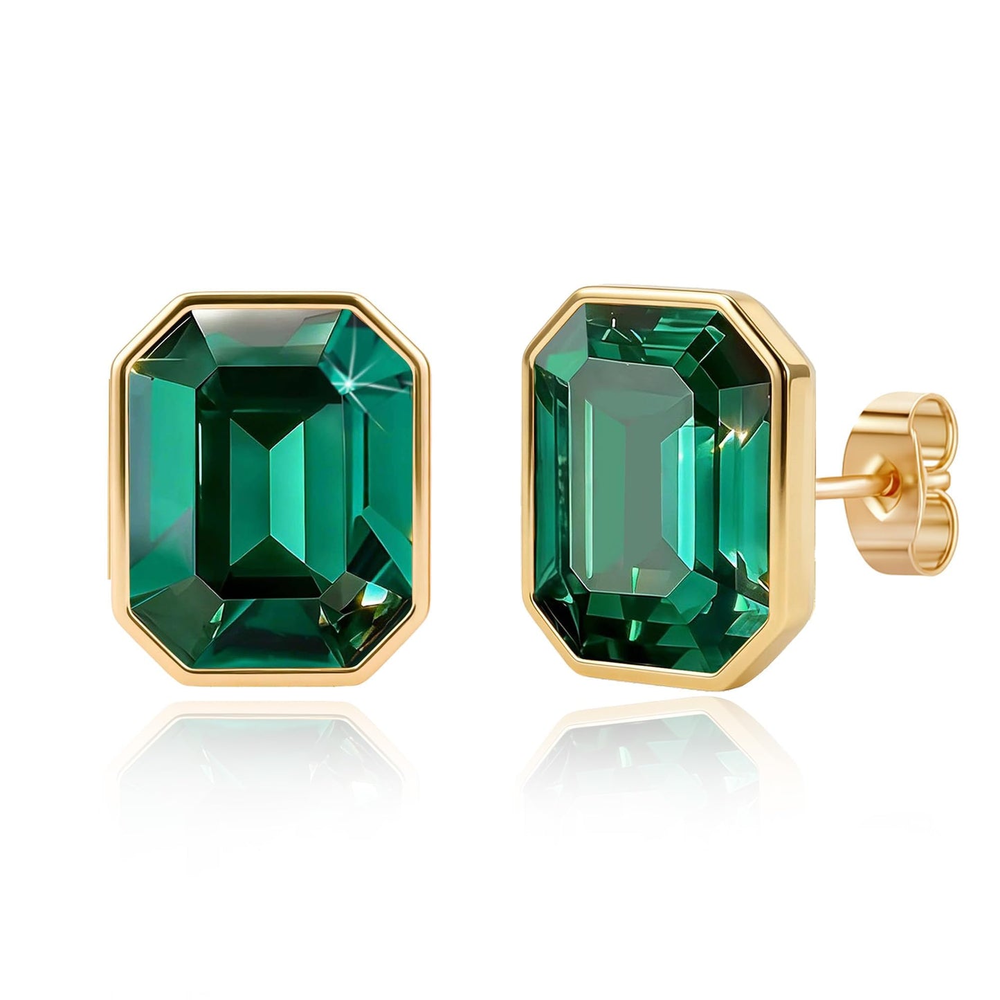 Austrian Crystal Octagon Stud Earrings for Women Fashion 925 Sterling Silver Post Hypoallergenic Jewelry (Emerald)