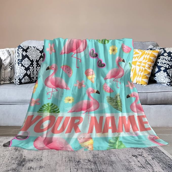 Custom Flamingo Blankets Gifts with Name - 30 x 40 Inches Cute Throw for Boys - Green Soft Fuzzy Plush Flamingo Blankets for Chair