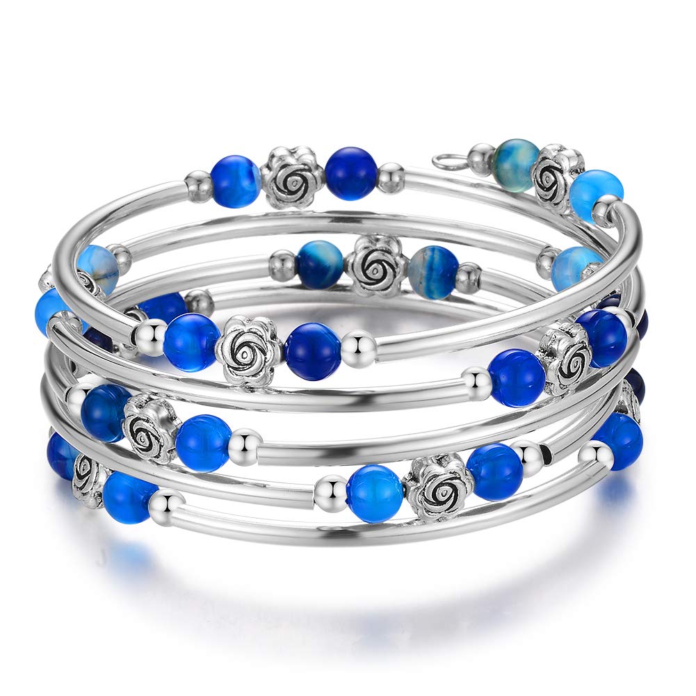 BULINLIN Wrap Bangle Rose Bead Bracelet - Beaded Bracelet with Natural Agate Stone Gifts For Women(01-Agate blue)