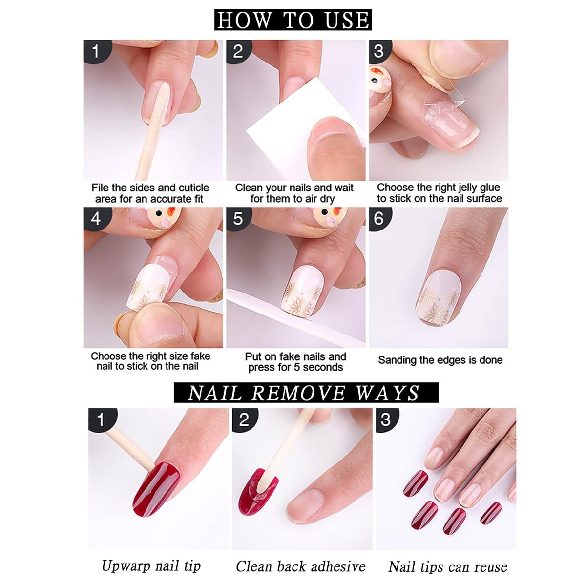 French Tip Press on Nails Medium Almond Summer Flower Fake Nails with Glue Gemstone Stick on Nails Full Cover Pink White Glossy False Nails for Women DIY Manicure Decoration 24PCS
