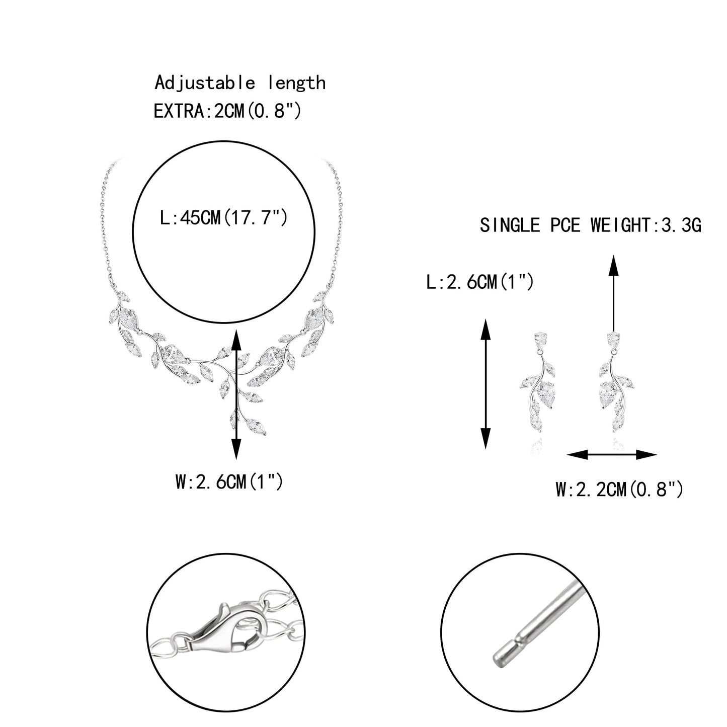EVER FAITH Wedding Jewelry for Bride Bridesmaid, Sparkly Cubic Zirconia White Silver-Plated-Brass Pear Shaped Birthstone Leaf Bridal Choker Necklace Earrings Set for Prom