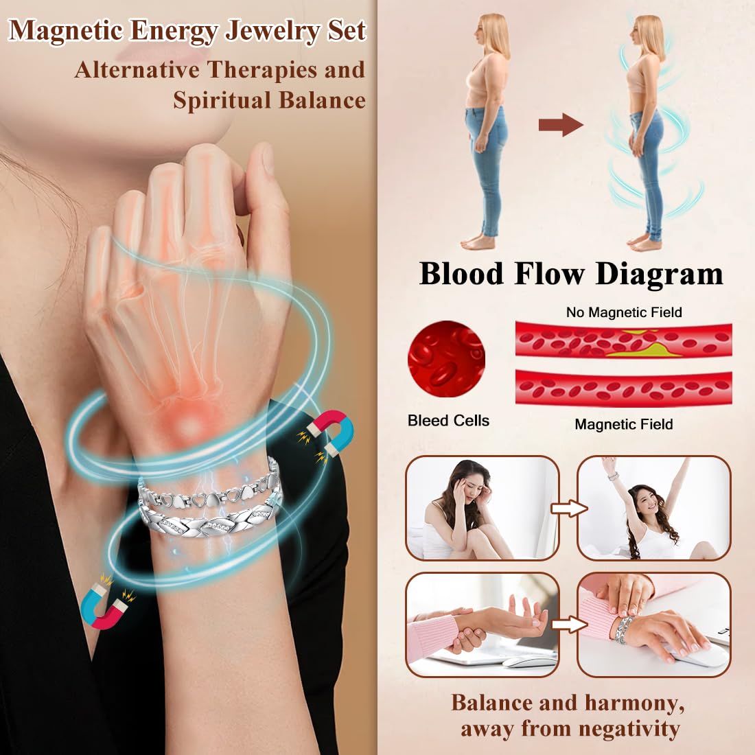 Cigmag 2PCS Magnetic Bracelets for Women Adjustable Titanium Steel Magnetic Bracelet with Strength Magnets Sizing Tool (Crystal & Love)