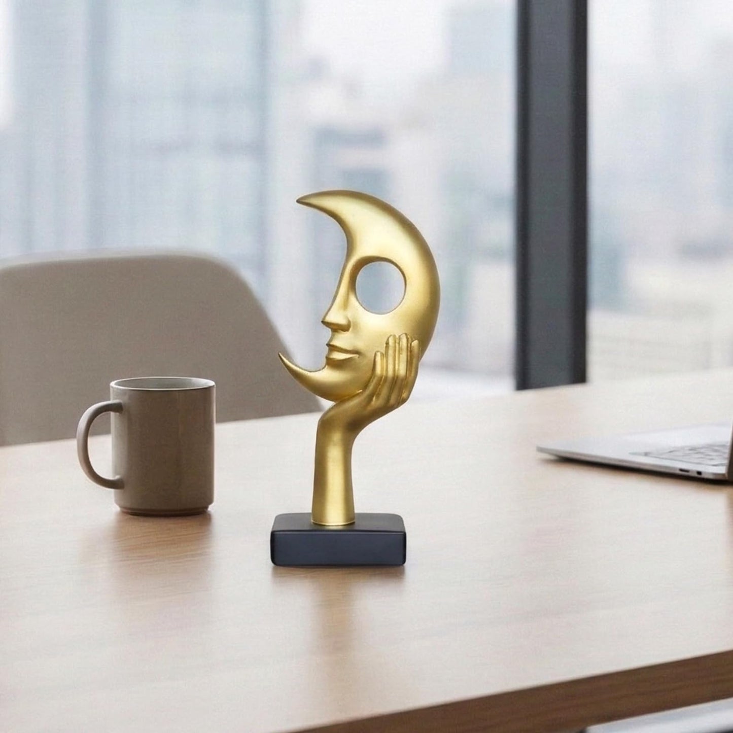Lodkksg Gold Moon Face Sculpture with Hand, Modern Abstract Art Decor, Black Base