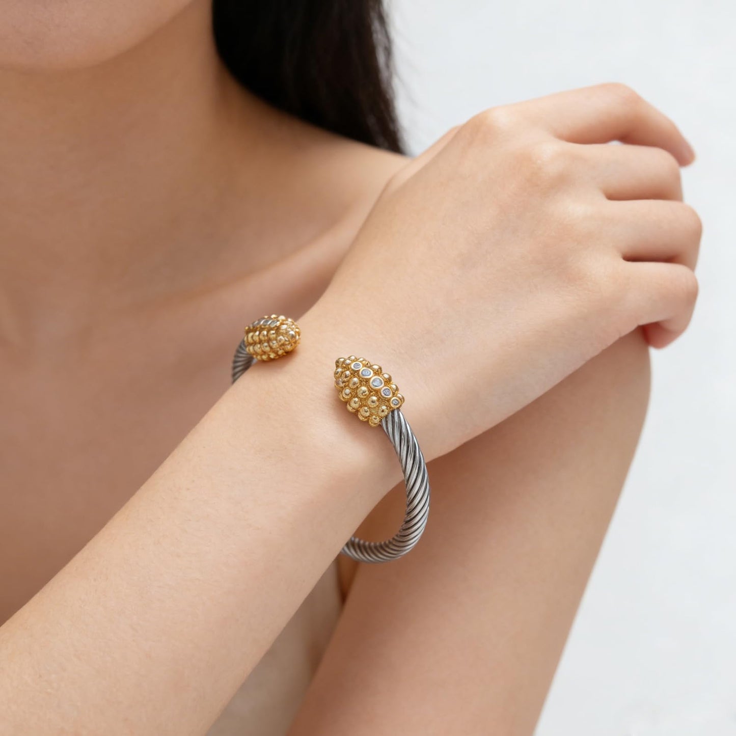 Gold Plated Cuff Crystal Bracelet, Stackable Bangles,Twisted Cable Wire Bangle Bracelets for Women, Stainless Steel Jewelry with Cubic Zirconia