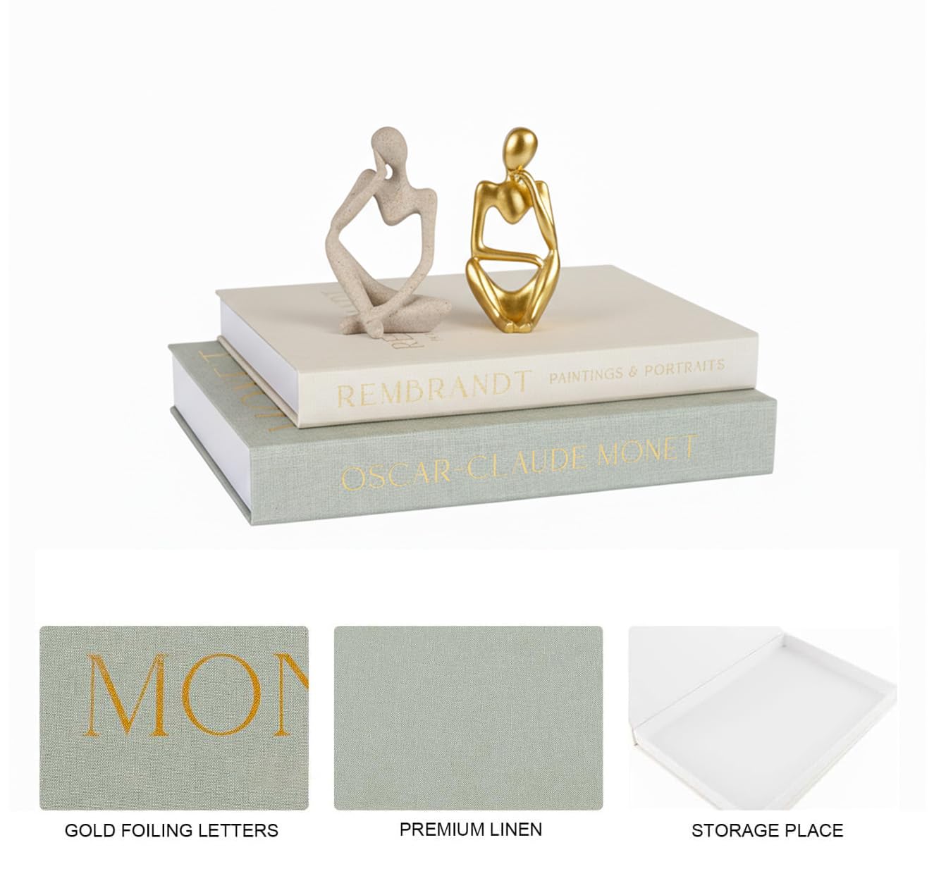4 Pcs Decorative Books & Thinker StatueSet - Linen Boxes & Resin Sculptures Enhance Your Coffee Table, Bookshelf or Mantle Decor - Living or Entryway Home Decoration Aesthetic, Photo/Keepsake Storage