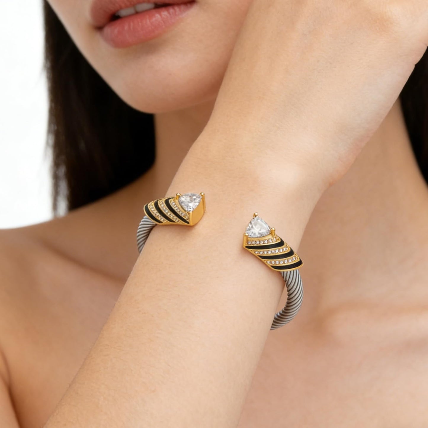 Stainless Steel Twisted Cable Wire Bangle, Crystal Inlaid Open Cuff Bangle Bracelets for Women, Stackable Elegant Jewelry Gift
