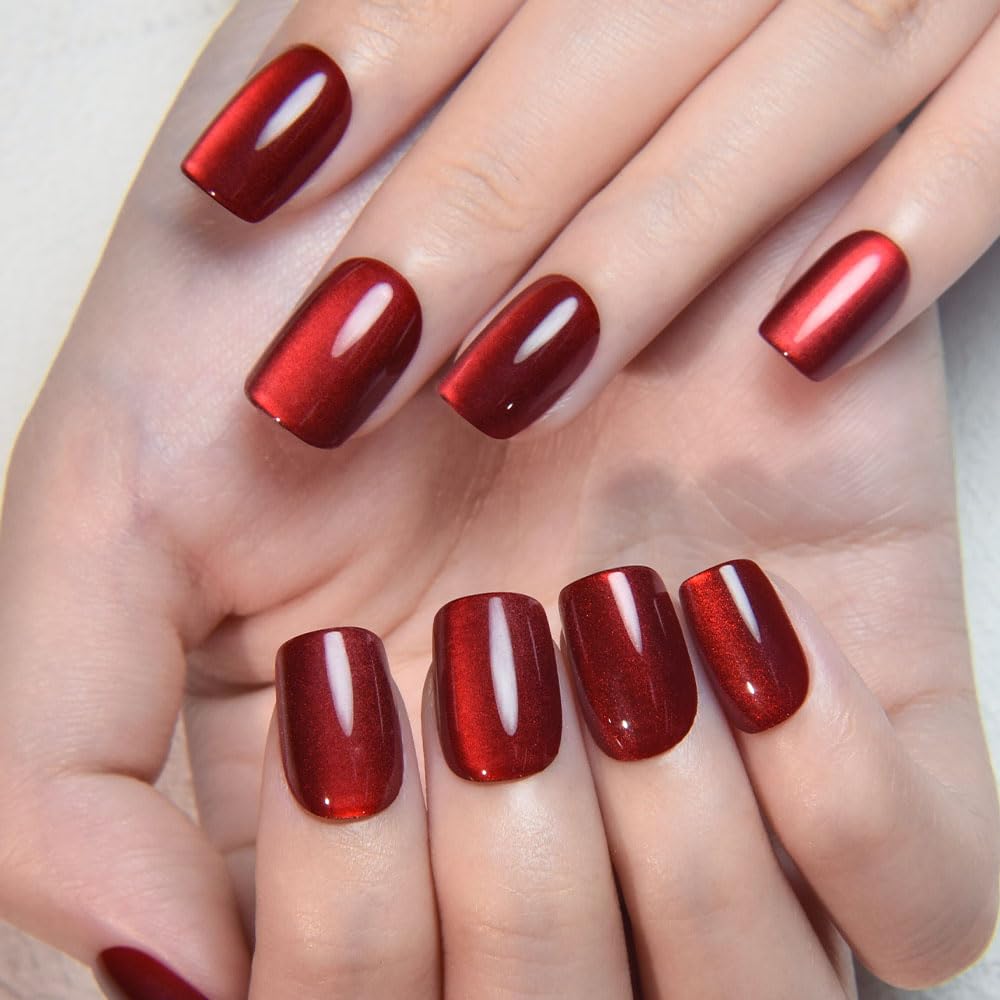 evpct True Red Cat Eye Extra Short Square Press on Nails, Petite Short Square Stick on Nails for Women Gift, Glossy Glitter Fake Nail Reusable, Soft Gel Press on Acrylic False Nail with Designs