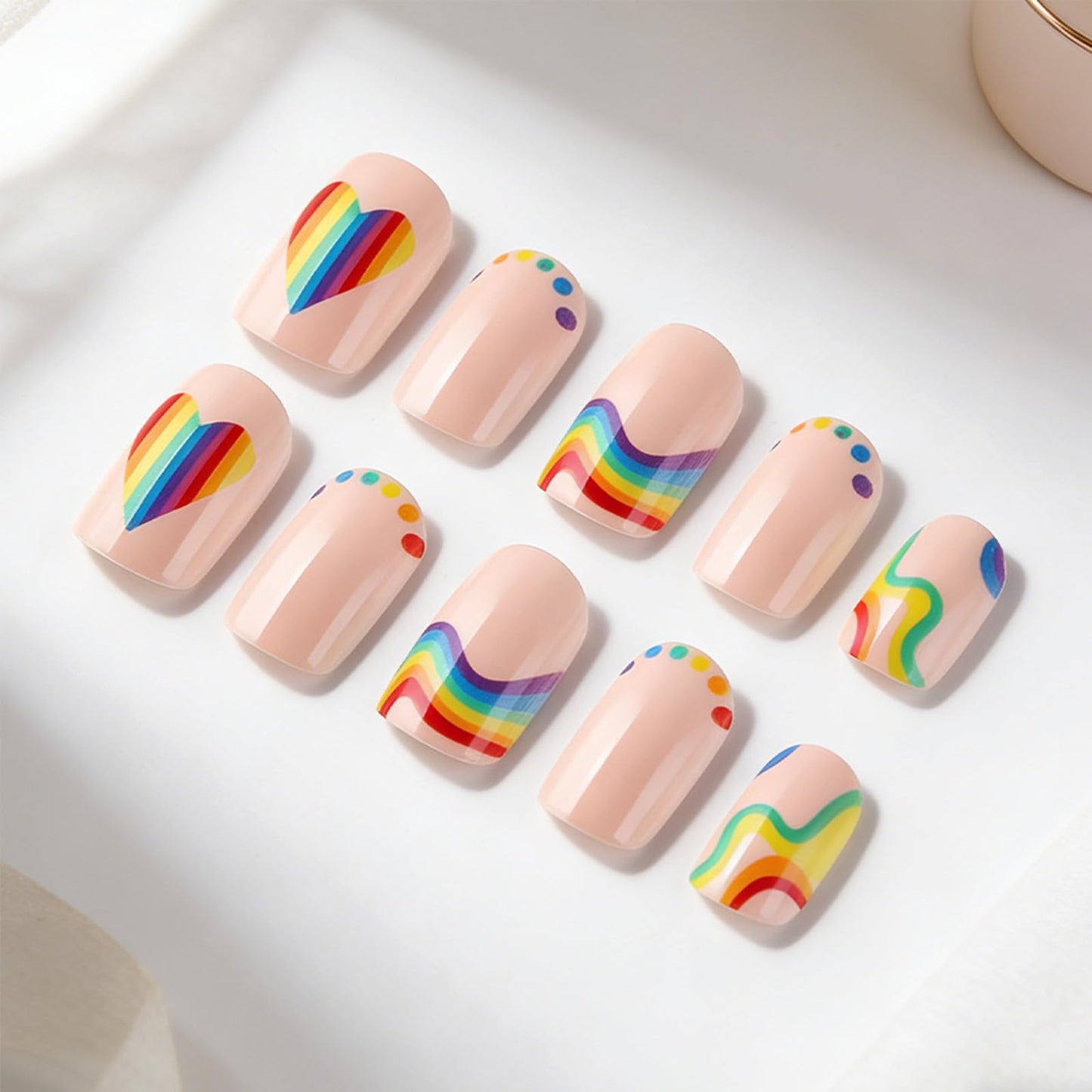Rainbow Stripe Press on Nails Short Square Fake Nails with Colorful Heart Polka Dot Design Summer Press on False Nails Glossy Stick on Nail Reusable Artificial Glue on Nail for Women 24Pcs