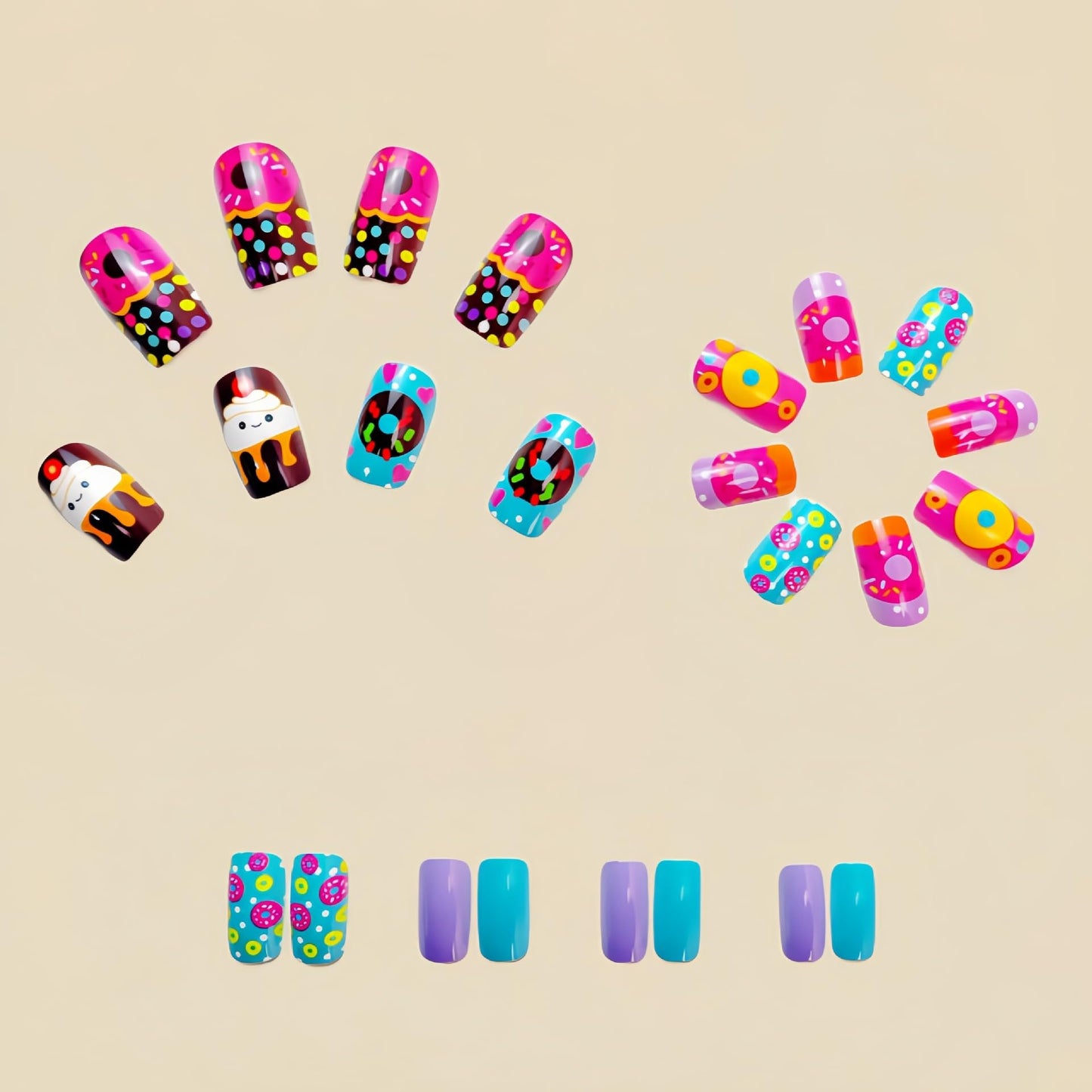 Cute Donut Press on Nails Colorful Cartoon Fake Nails Long Coffin Shape Reusable Glue-On False Nails Kit with Sweet Dessert Designs for Women Girls 24 PCS