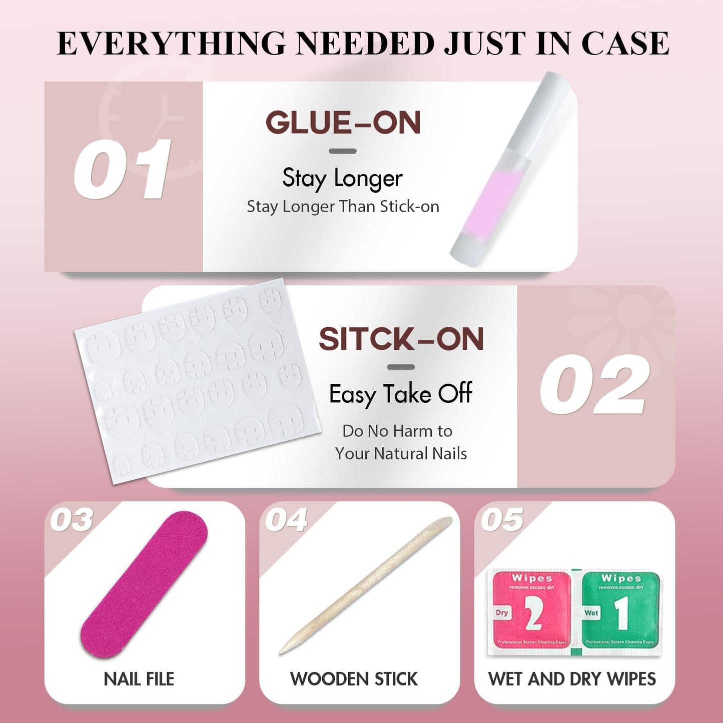 KQueenest Dusty Pink Press On Nails Long Square - Spring Press On Nails Medium Coffin, Soft Pastel Pink Fake Nails with Glue, Glossy Opaque, Reusable Soft Gel Glue on Nails for Manicure Gift, 24 Pcs