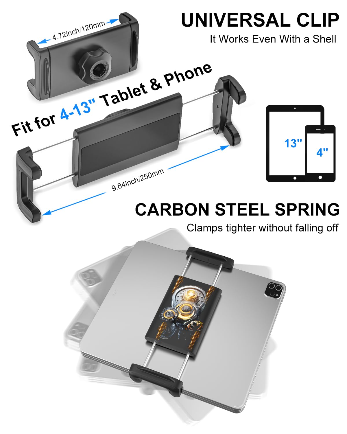 Kolasels Clamp Tablet Holder & iPad Clip for Square and Round Tubes, Heavy Duty Metal Tablet Mount for Golf Carts, Tractor, Excavator, Bulldozer, Loader, Crane, Forklift, Boat, Fit for 4-13" Devices