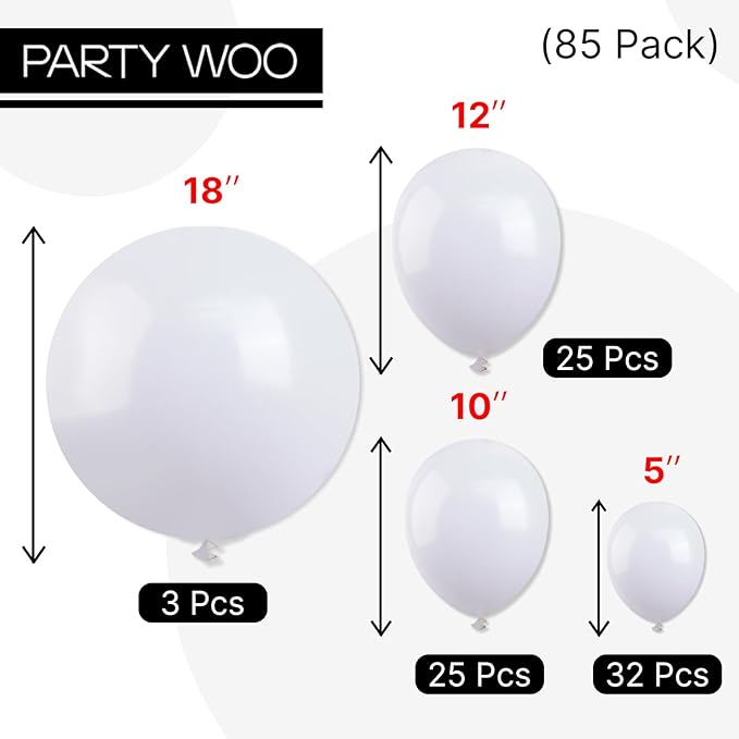 PartyWoo White Balloons 85 pcs Different Sizes Pack of 18 12 10 5 Inch Matte White Latex Balloon Arch Kit Garland for Wedding Bridal Graduation Baby Shower Birthday Party Decorations White-Y13