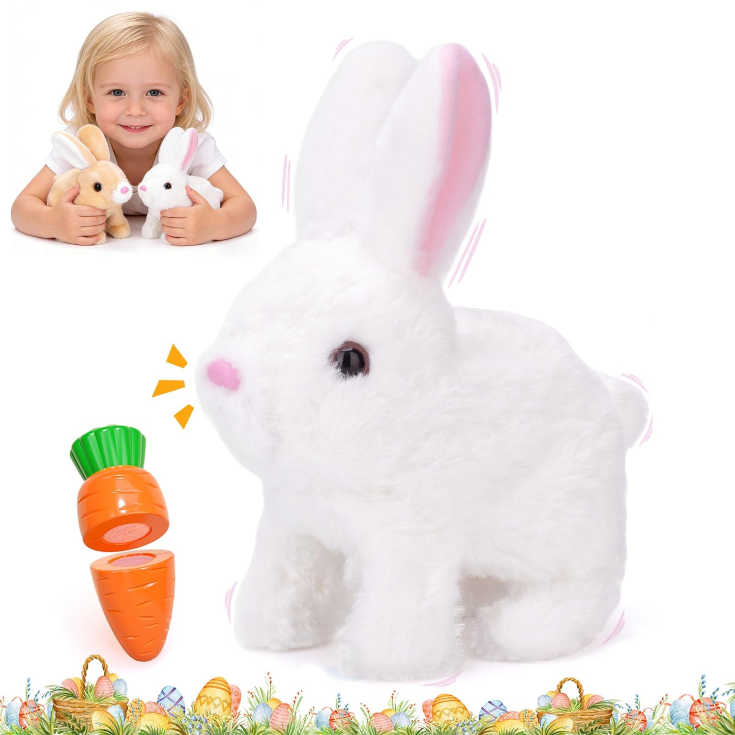 Realistic Bunny Toy, Easter Educational Interactive Bunny Toy, Plush Bunny Hopping Rabbit with Sounds and Movements, Twitching Mouth and Nose, and Wiggling Ears (White)