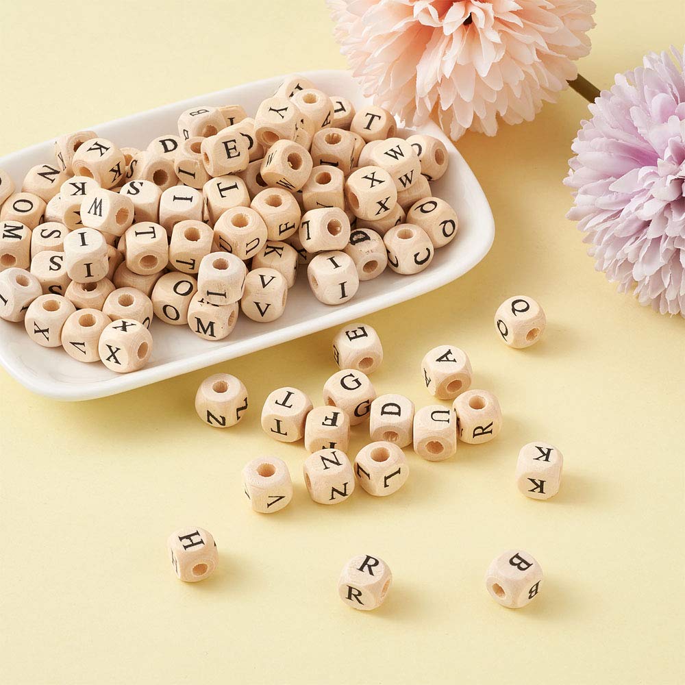 KISSITTY 520pcs/bag Cube Wood Beads with Initial 26 Letters 10mm Natural Square Alphabet Wooden Loose Beads for Jewelry DIY Crafts Making PapayaWhip