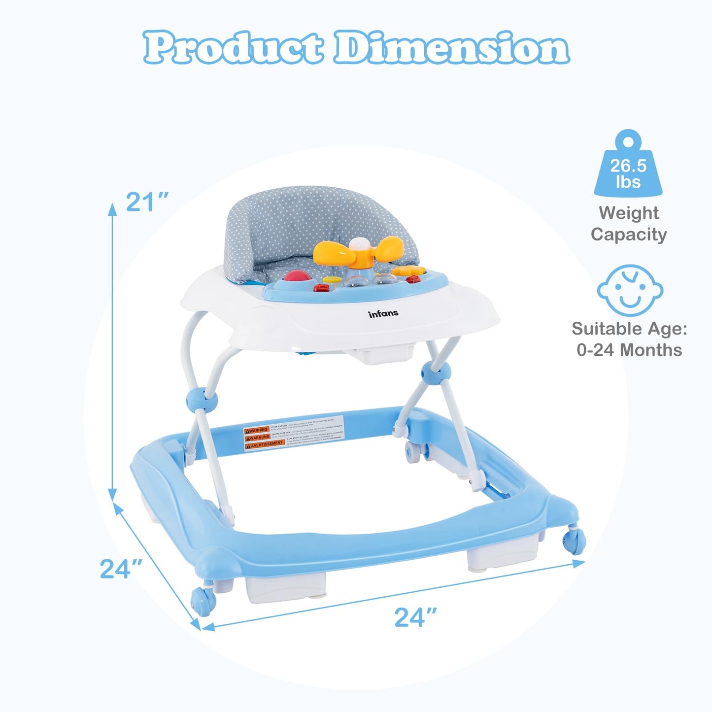 INFANS Foldable Baby Walker, 3 in 1 Toddler Walker Leaning-Seated Walk-Behind with Removable Music Tray, Adjustable Height, Washable Seat Cushion for Boys and Girls (Wave Point)