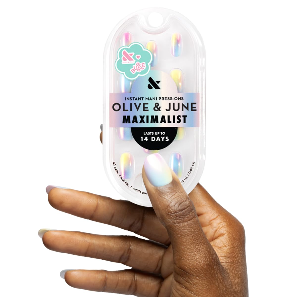 Olive & June Maximalist Instant Mani Press-On Nails (Glue) | 42 Fake Nails, 21 Sizes | Non-Toxic, Long-Lasting Big, Bold Gorgeous Realistic Look | Salon-Quality | Short, Round | Rainbow Aura Chrome