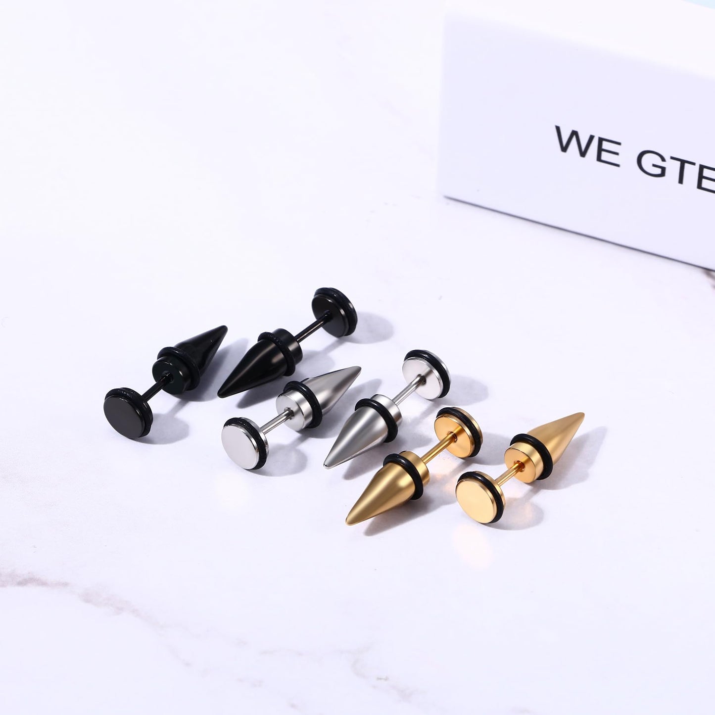 Aroncent 3Pcs Men's Stainless Steel Fake Illusion Tunnel Cheater Piercing Jewelry Spike Stud Earrings Set