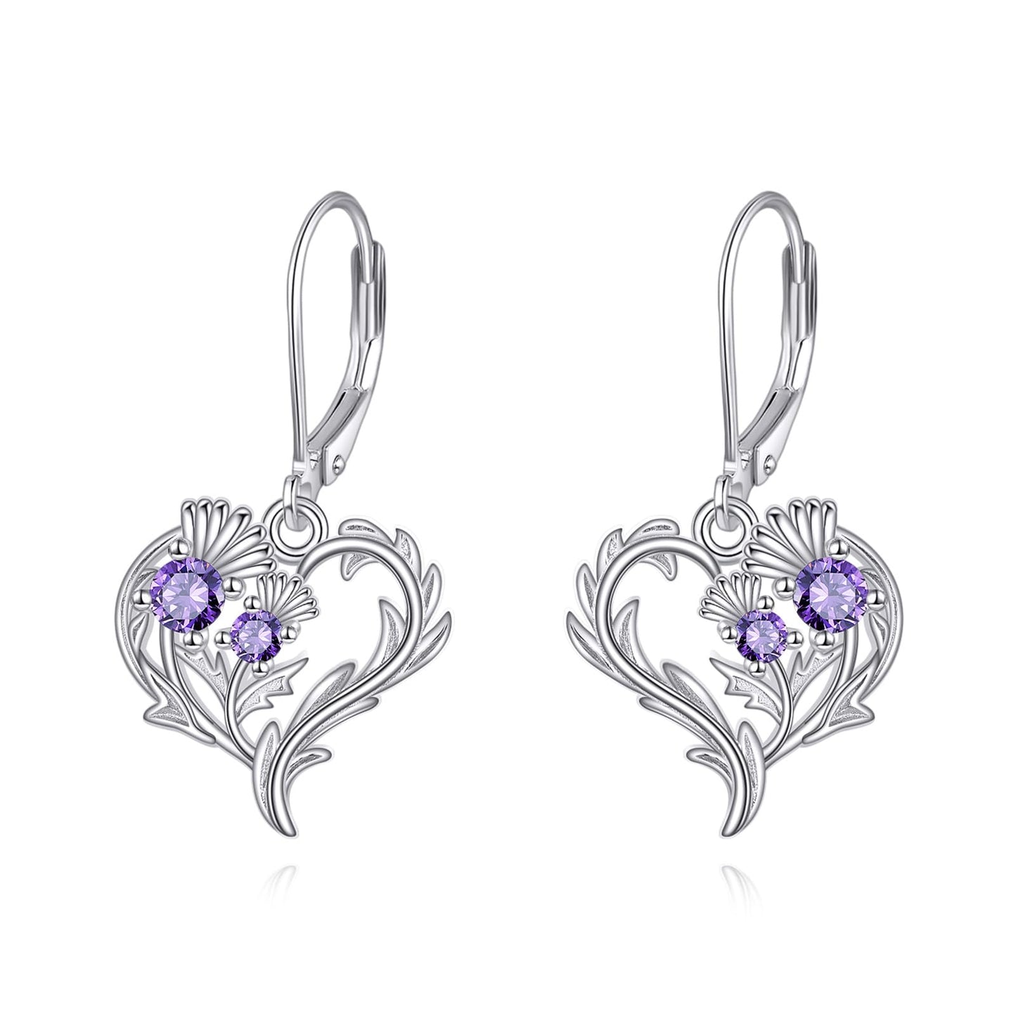 Scottish Thistle Earrings Sterling Silver Heart Scotland Thistle Dangle Dangling Drop Charm Jewelry Gifts for Women