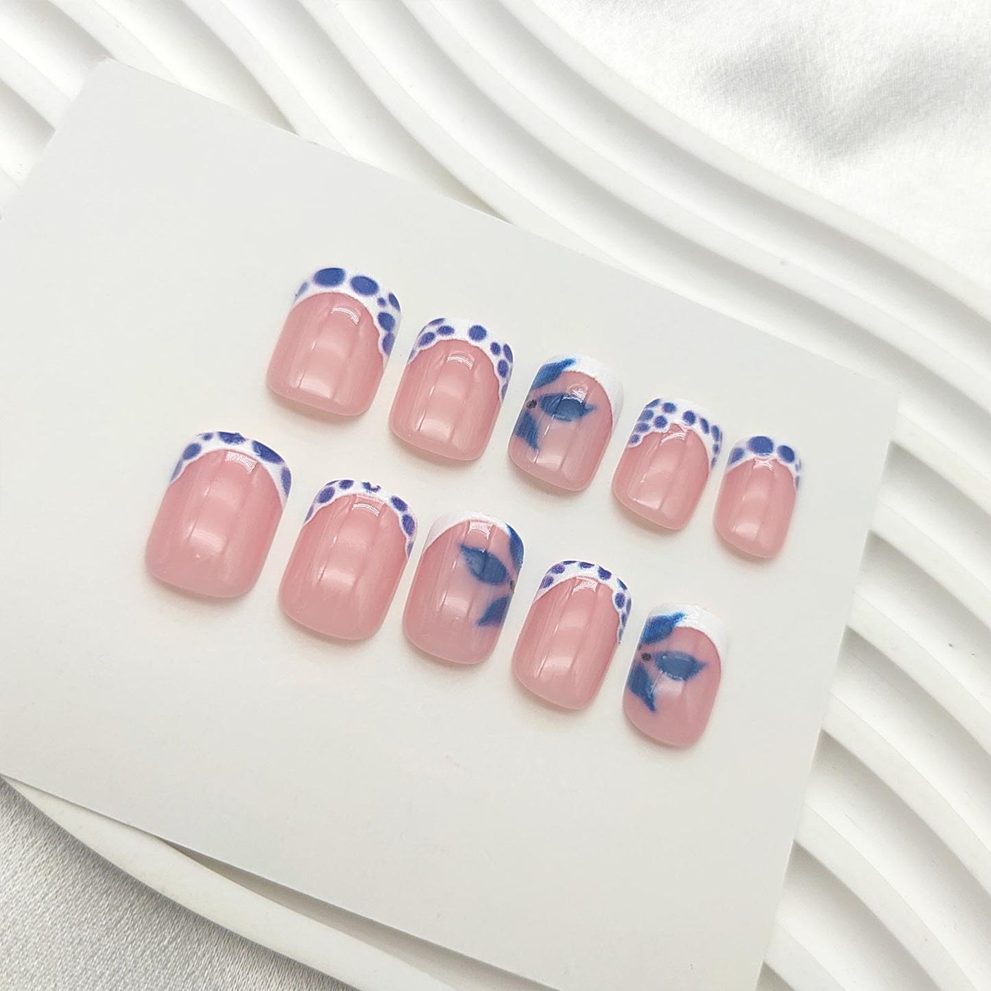 Blue French Tip Press on Nails Short Square Fake Nails with Flower Designs Summer Nails Press ons Glossy Glue on Nails White False Nails Spring Stick on Nails for Women 24Pcs