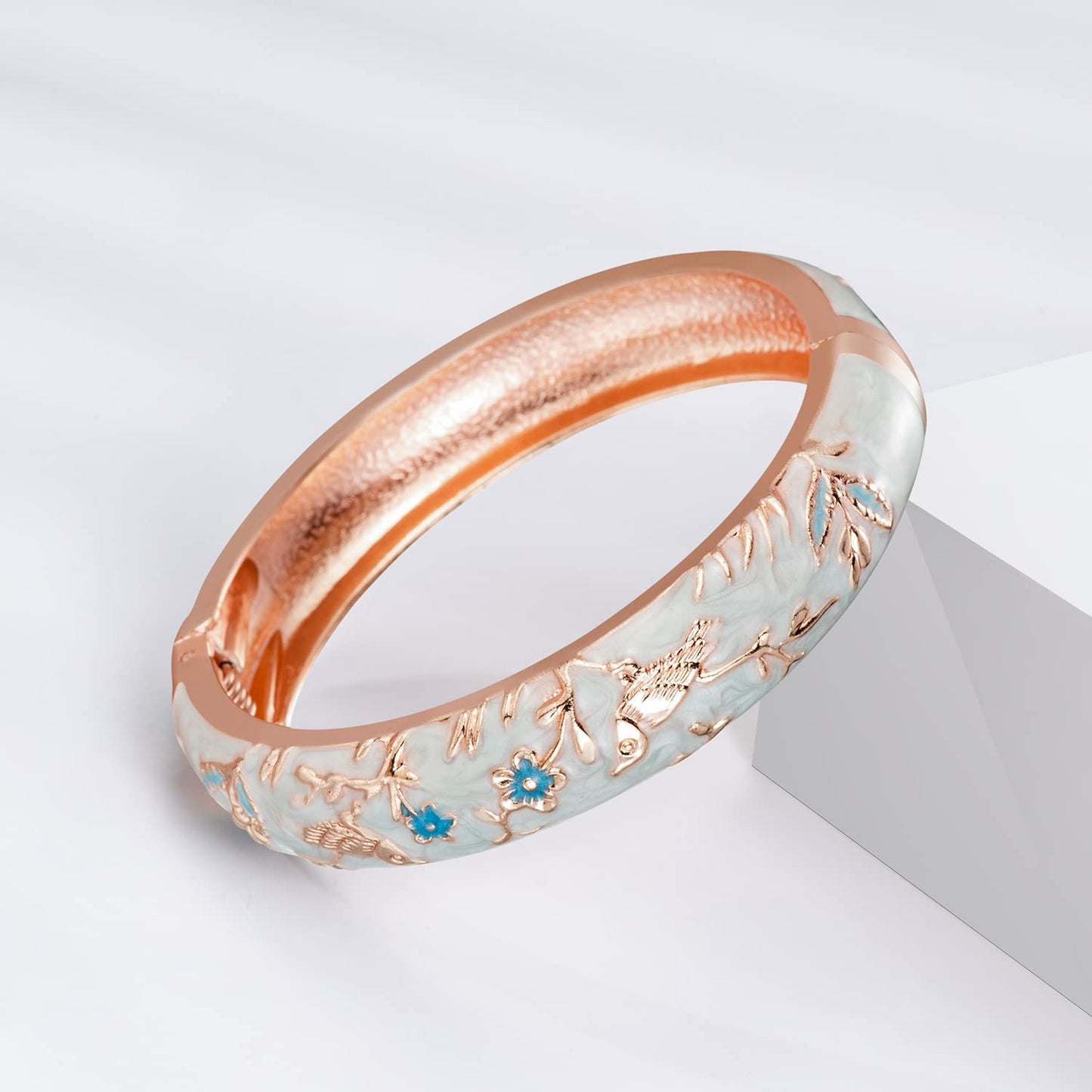 UJOY Colors Handcraft Jewelry Cloisonne Bracelet Enamel Bird Spring Hinged Womens Bangles Gifts Box 55C49 Light Blue