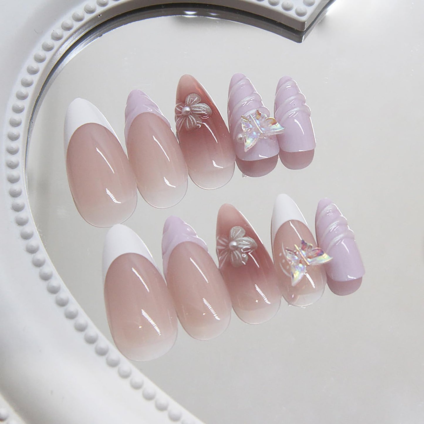 24Pcs Pink Almond Press on Nails Medium Fake Nails Glossy Reusable False Nail with 3D Flower Butterfly Design Artificial Acrylic Nail Press ons Spring Summer Flower Nails for Women DIY Nail