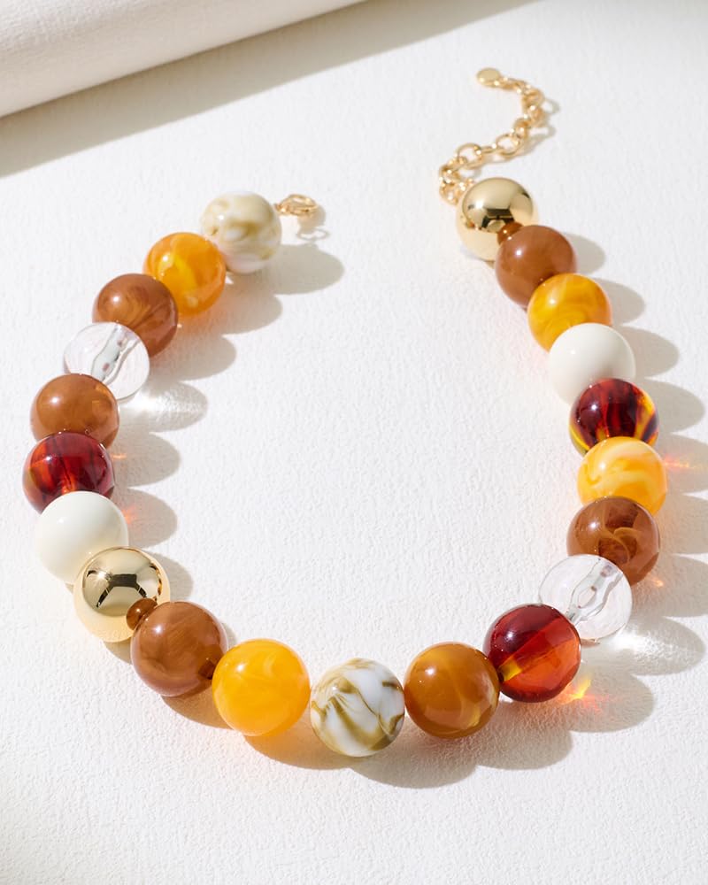 FAUTHENTICUTE Chunky Beaded Statement Necklace for Women Boho Choker Necklace with Brown Tone Resin Beads Summer Beach Jewelry Gifts