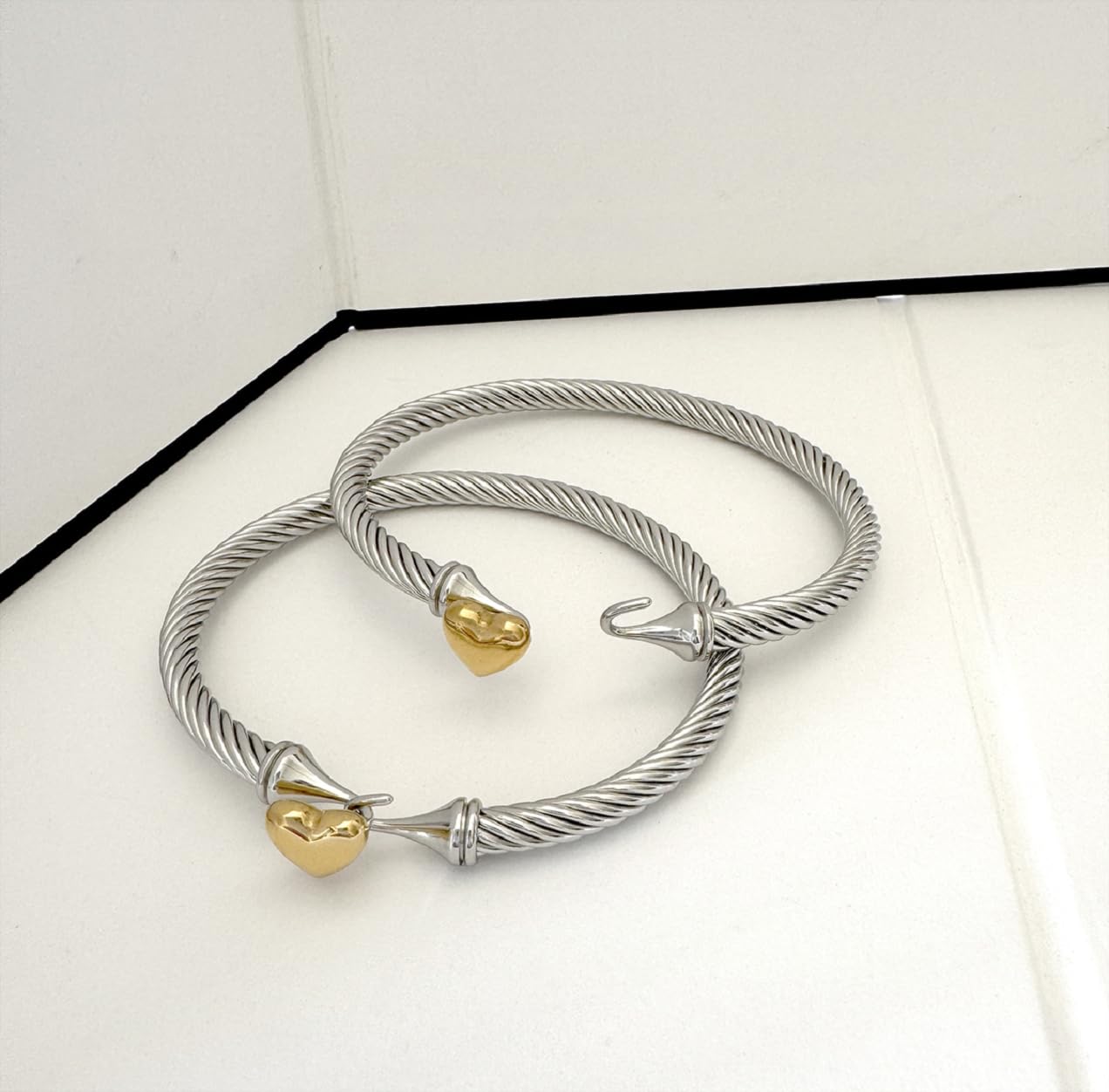 Jeolory Adjustable Twist Stainless Steel Cable Wire 14K Gold Plated Love Heart Charm Bracelets Friendship Open Bangle Wrist Cuff for Women Men