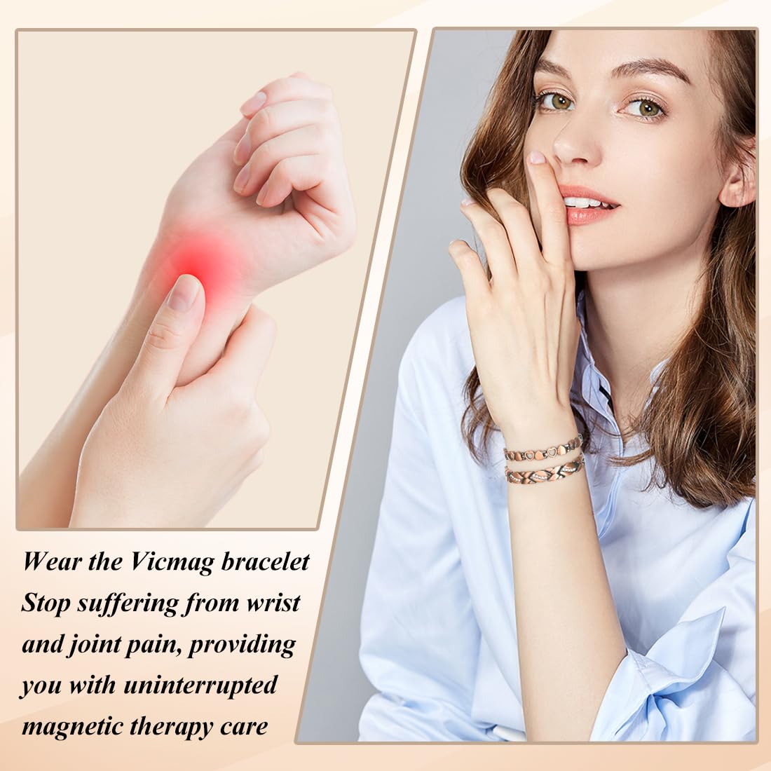 Vicmag Copper Magnetic Bracelet for Women Magnets Brazaletes 99.9% Solid Pure Copper Jewelry Gift for Her (Adjustable Size with Gift Box) (2PCS Love Heart)