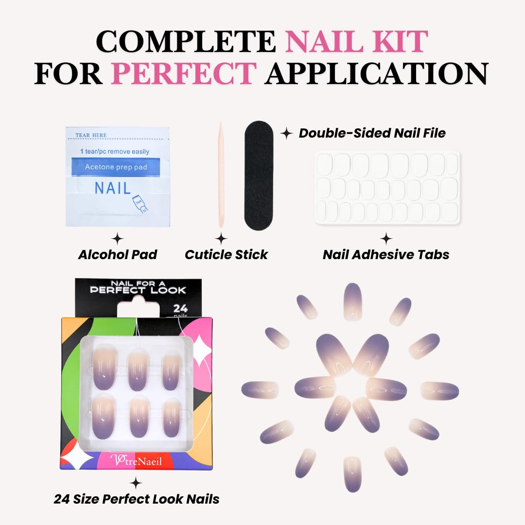PerfectLook Press On Nails - Lavender Mist | No Glue One-Day Short Oval Nails, Nude to Purple Ombre Glossy Nails - 24 Pcs Nail Kit with Adhesive Tabs
