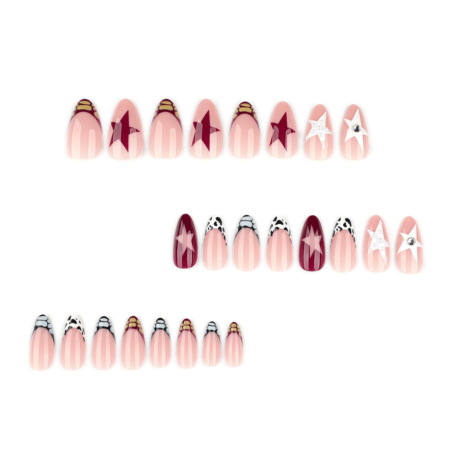 24pcs Star Press on Nails Medium Almond Fake Nails with Crocodile French Tip Designs False Nails Rhinestones Pearl Glue on Nail Full Cover Reusable Acrylic Stick on Nail for Women Manicure
