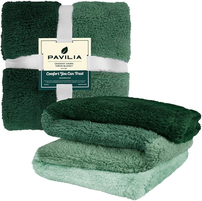 PAVILIA Fluffy Sherpa Throw Blanket Ombre | Gradient Plush, Soft, Fuzzy, Decorative Accent Throw Blanket for Couch Sofa Bed | Cozy Warm Decorative Furry Faux Fur Blanket, 50x60 Inches Green