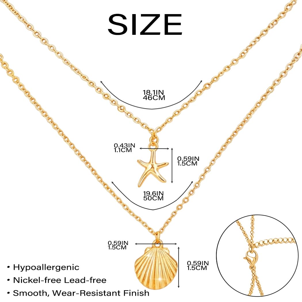 Tgirls Boho Starfish Layered Necklace Shell Pendant Necklace Silver Necklaces Chain for Women (Gold)
