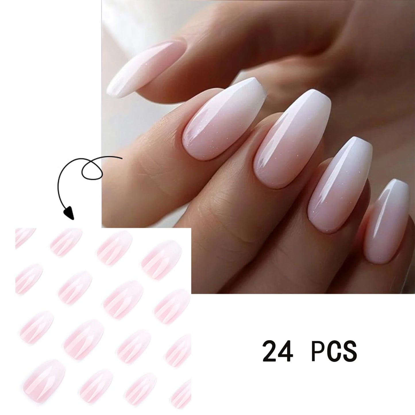 Gradient French Press on Nails Medium Ballet Fake Nails White French Tips False Nails Full Cover Nude Gradient Glossy Reusable Acrylic Nails for Women Girls Party DIY Manicure Decoration 24Pcs