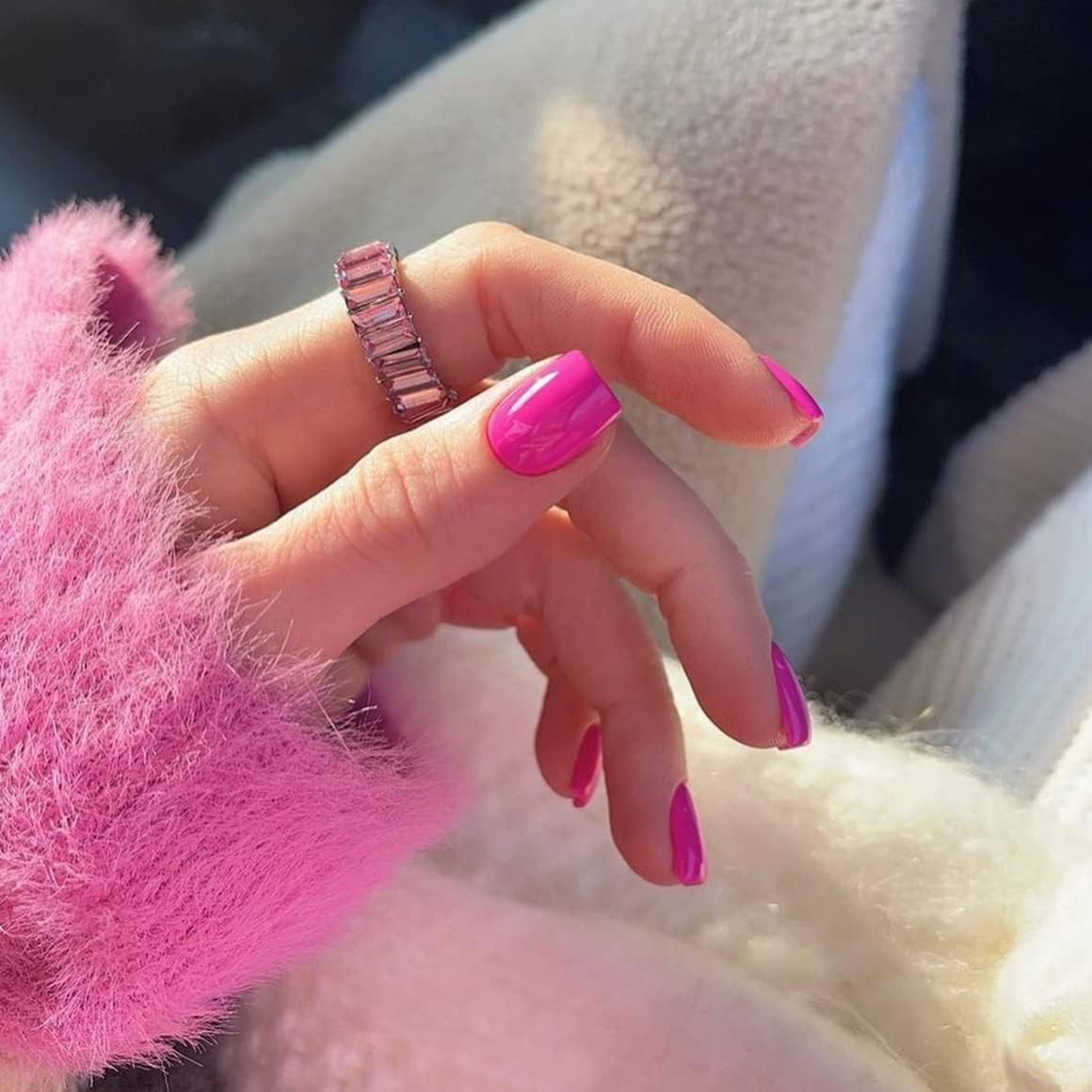 Hot Pink Press On Nails Short Square, KXAMELIE Natural Gel Nails Glue on Acrylic Nails Press ons Featured Protective Coat Thick Reusable Fake Nails Solid Color 24 Short Coffin Artificial Nails