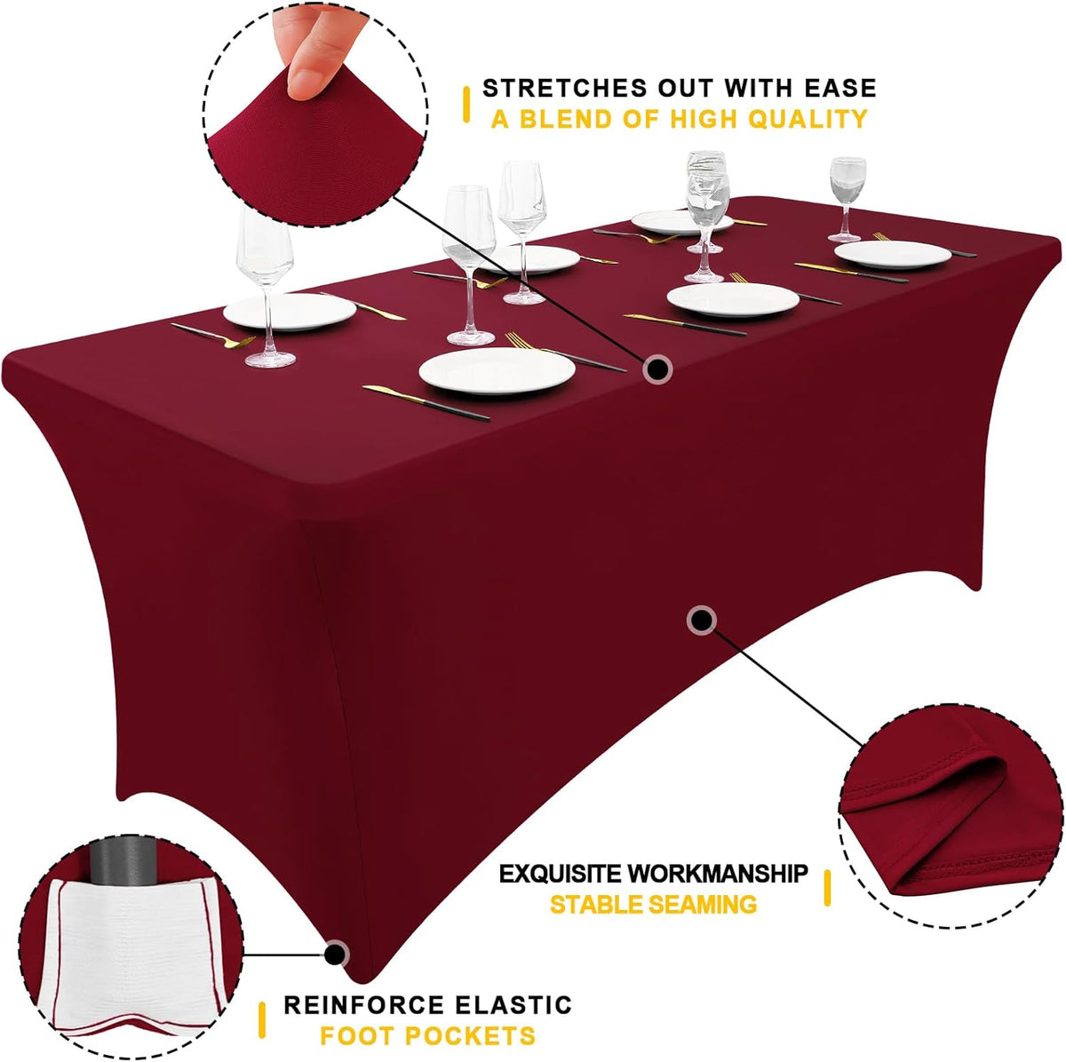 Smiry 2 Pack Spandex Table Cloth 6FT, Elastic Fitted Stretch Tablecloths, Washable and Wrinkle Free Rectangular Patio Table Cover for Outdoor, Wedding, Banquet & Parties (Wine Red, 72Lx30Wx30H Inch)