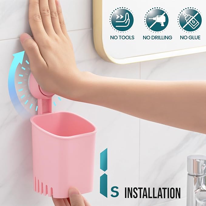 TAILI Suction Toothbrush Holder, Shower Toothbrush Holder for Wall, Powerful Toothpaste Toothbrush Suction Cup, Self-draining Shower Razor Holder, Kitchen Tableware Holder, 2 Pack, Pink
