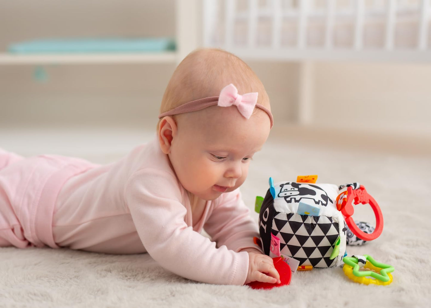 Balibazoo Sensory Activity Cube for Babies 0-24M - High-Contrast Black & White Developmental Toy | BPA-Free Silicone Teether, Crinkle, Rattle Rings | Clip Attachment | Gift for Newborns