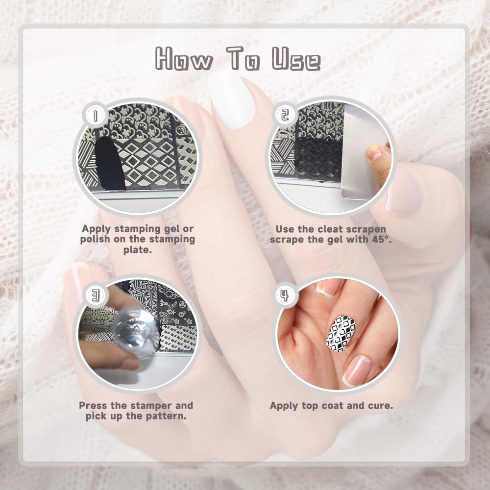 Beauty Leader Nail Art Stamping Template Mix Design 7Pcs Image Plates with White Plastic Plate Holder+1 Pcs Square Rubber Stamper DIY Nail Art Image Stamp Plate(17-23)