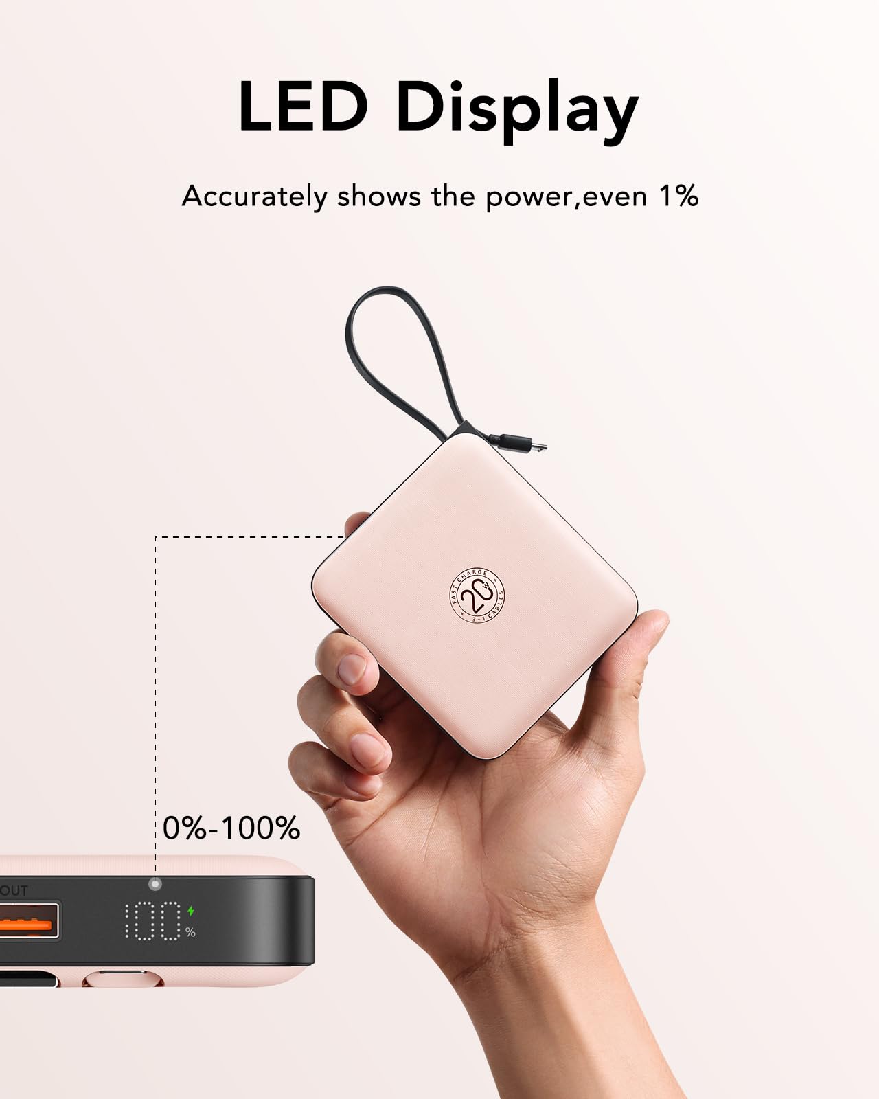 VRURC Portable Charger for iPhone Built-in Cables, 22.5W USB C Fast Charging 10000mAh Pocket Power Bank, Battery Pack for iPhone 17 16 & Samsung Galaxy S26 S25 etc Android, Pink(1 Pack)