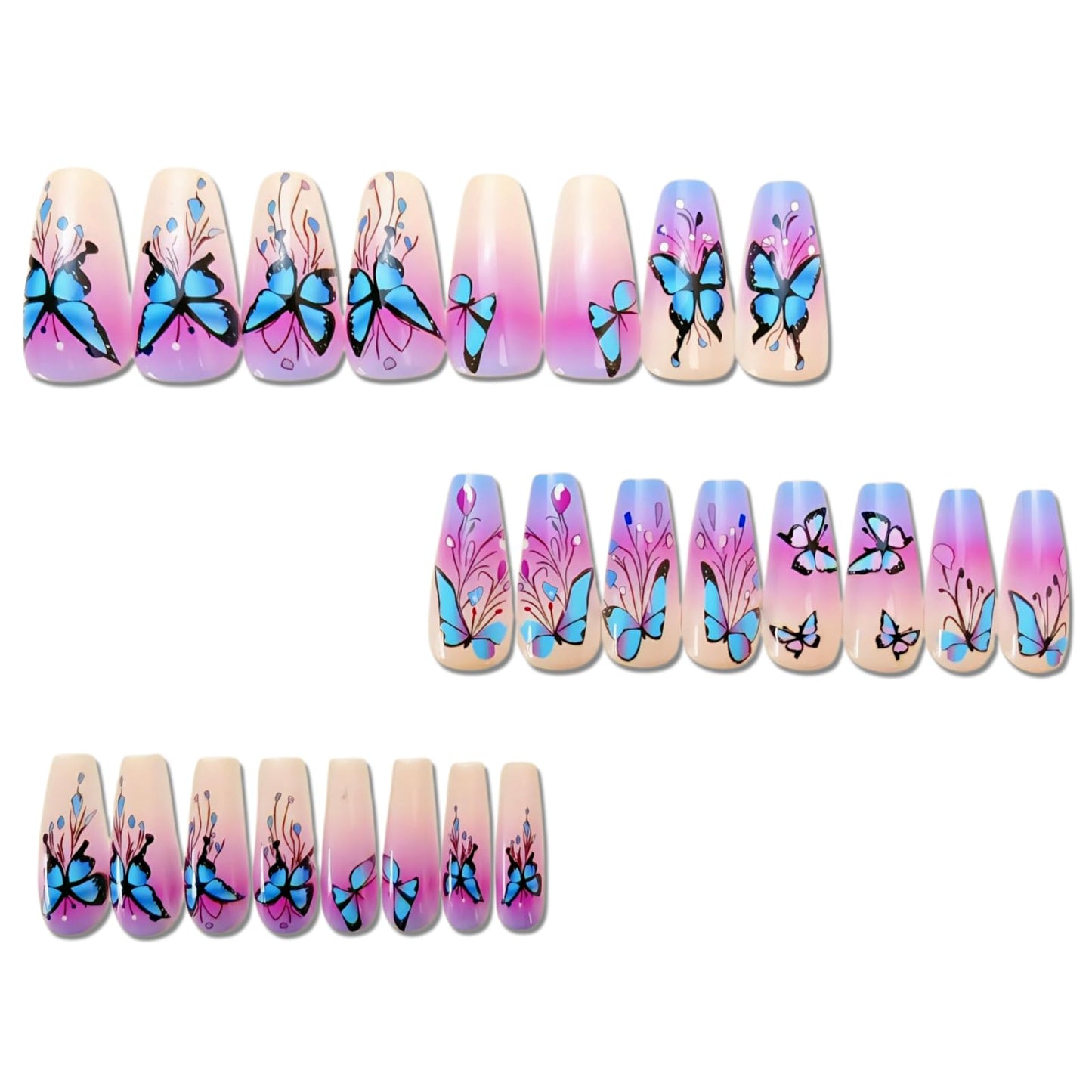 Spring press-on nails long ballet false nails with blue butterfly pattern false nails blue gradient cute leaves acrylic nails summer women's nail decoration 24 pieces