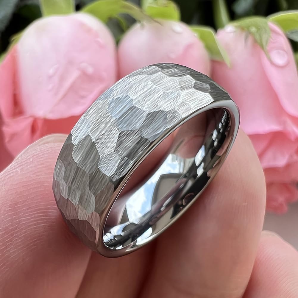 TUTISS 8mm Hammered Tungsten Rings for Men Women Fashion Engagement Wedding Bands Domed Matte Finish Comfort Fit Size 7
