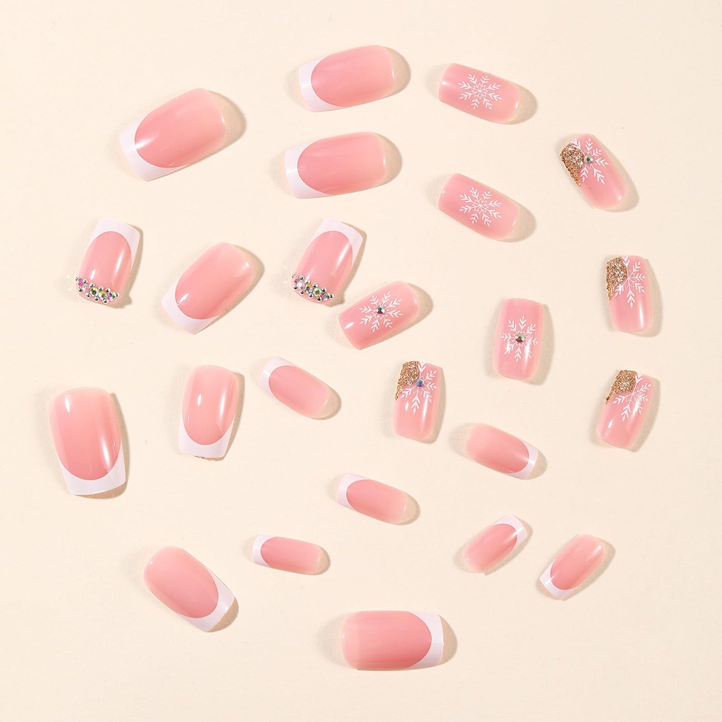 IMSOHOT Medium Square Press on Nails, White French with Snowflake Gold Glitter & Rhinestone Acrylic Nails, 24PCS