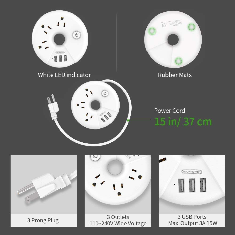 NTONPOWER Travel Power Strip Bundle, 3 Outlets 3 USB Portable Desktop Charging Station with 15 inch Short Cord and 5ft Extension Cord for Office, Home, Hotels, Cruise Ship, Nightstand - White