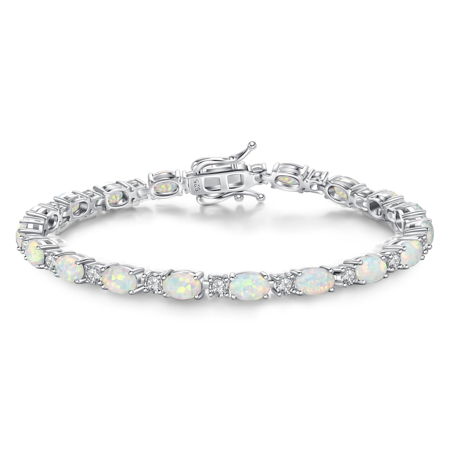 FANCIME Sterling Silver Fire Opal Tennis Bracelet October Birthstone Bracelets Oval Gemstone Dainty Fine Jewelry for Women 7"