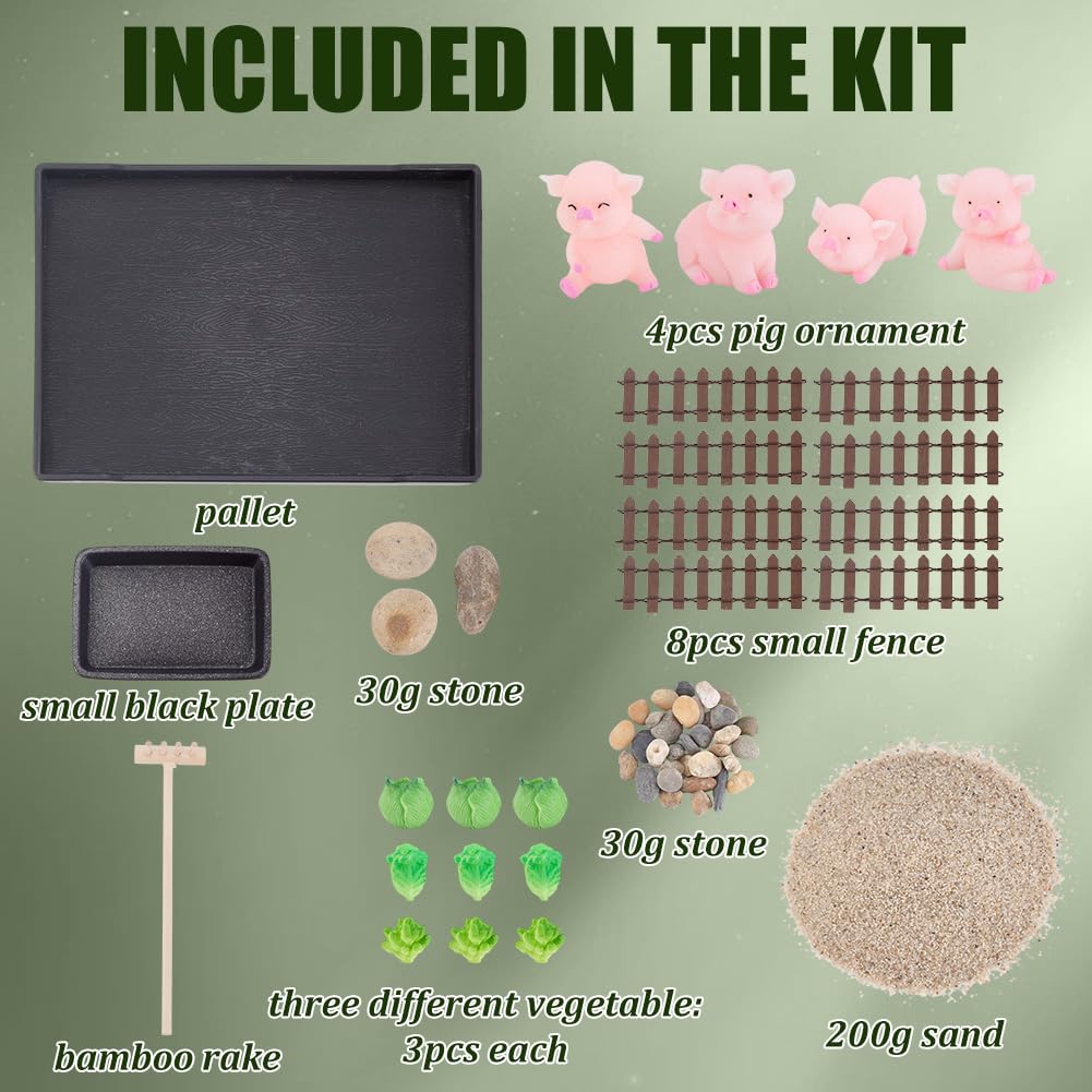 WEBEEDY Zen Garden Kit for Desk,Pig Theme Japanese Zen Sand Garden Box Decor Set with Tray,Sand,Tools for Desktop Meditation Decoration Sandbox Tray Kit Gift,Rectangular(8.3x6.2/21x15.7cm)