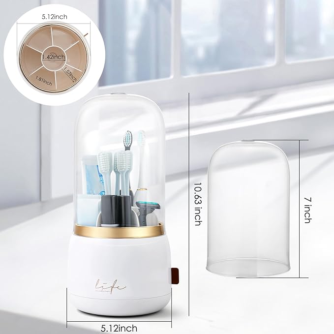EXIN DECHEN Toothbrush Holders with Cover for Bathrooms, 360° Rotating 7-Slot Draining Water for Placing Kids Electric Toothbrushes,Toothpaste,Razors,Bathroom Counter Dresser Vanity Organizer(White)