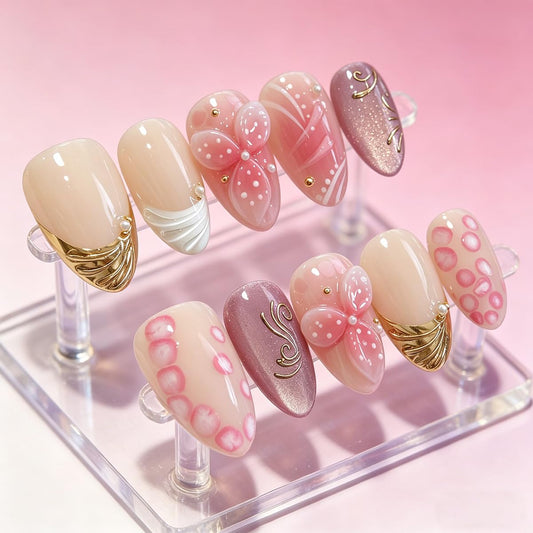 Handmade Press ons Nails Summer Pink 3D Flower Almond Shape Fake Nails with Gold Foil and Pearl Accents Reusable Glossy False Nails for Women M Size