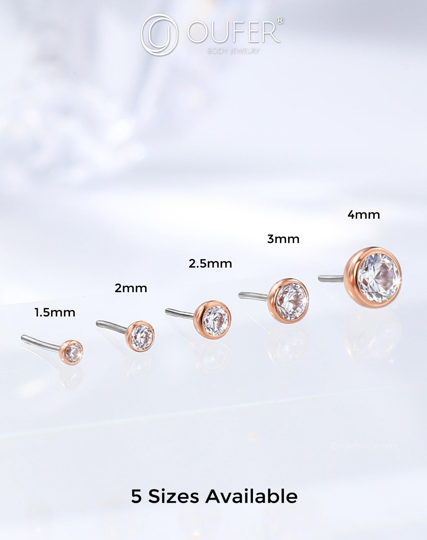 OUFER 2PCS Rose Gold Titanium Flat Back Threadless Stud Earrings, 16G/18G/20G Push Pin Piercing Jewelry – Multiple Post Lengths (5mm–12mm) & CZ Sizes (1.5mm–4mm) for Lobe, Helix, Tragus, Conch, Nose